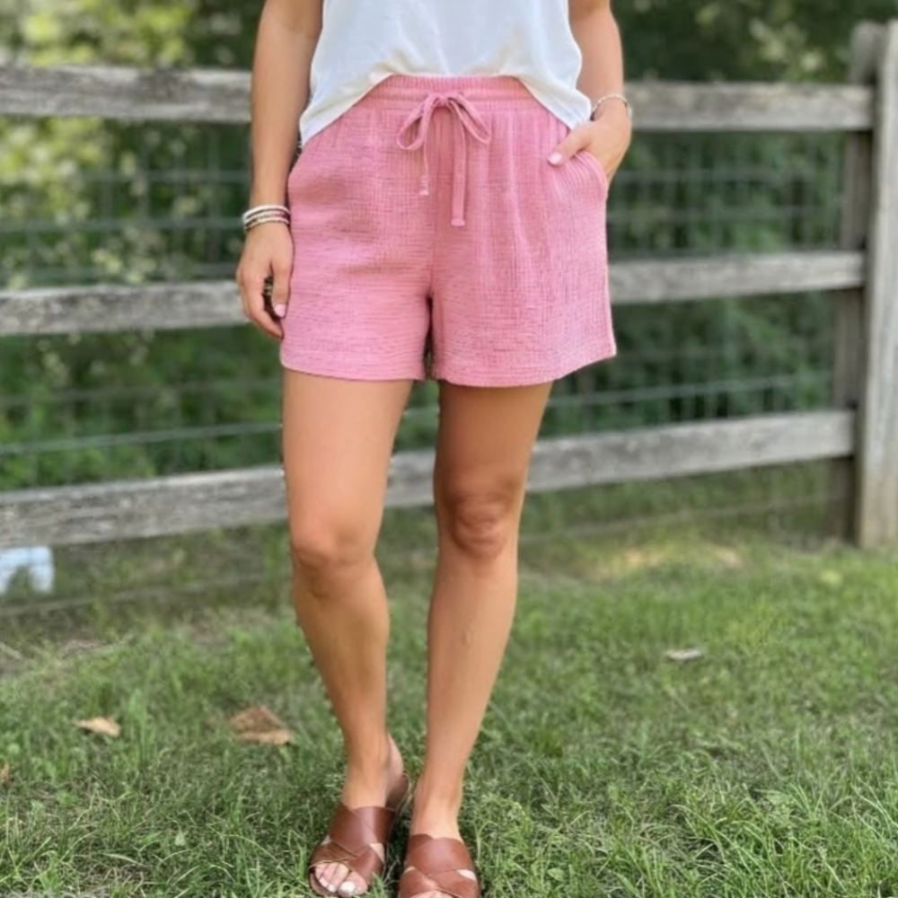 New! Angels Gauzy Cotton High Waist Stripes Pull On Pink Shorts